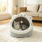 Animal Ear Cave Cat Bed | Plush | High-Resilience Core | Detachable Washable Cushion | Pompom Toy | 3 Sizes