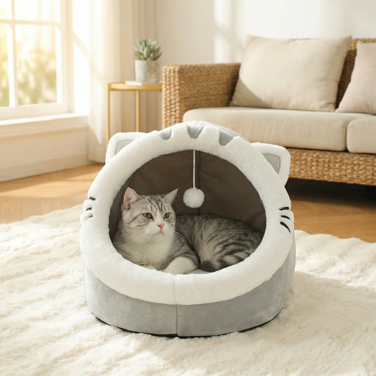 Animal Ear Cave Cat Bed | Plush | High-Resilience Core | Detachable Washable Cushion | Pompom Toy | 3 Sizes