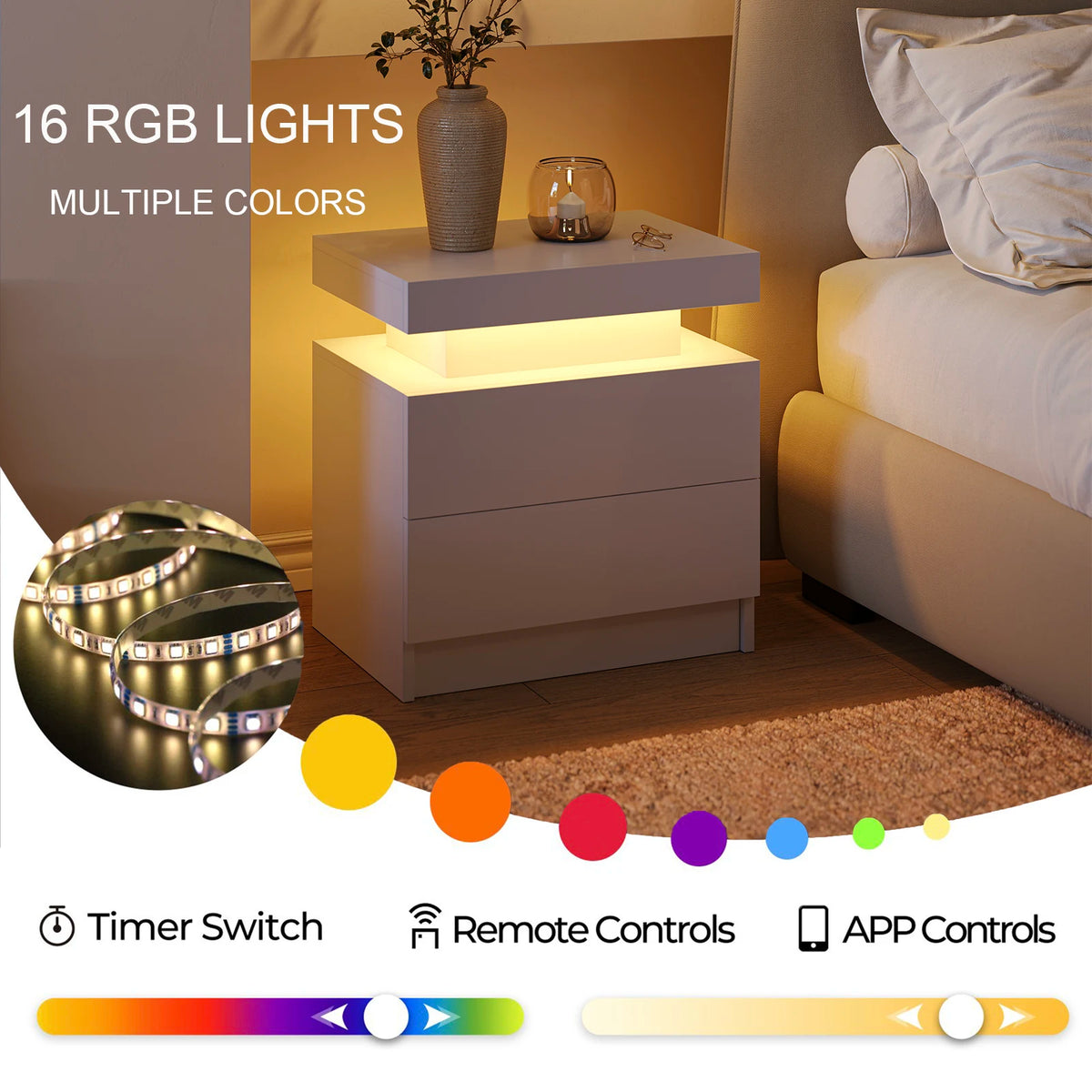 LED Bedside Table with 2 Drawers – Modern Nightstand for Bedroom, 6 Colours