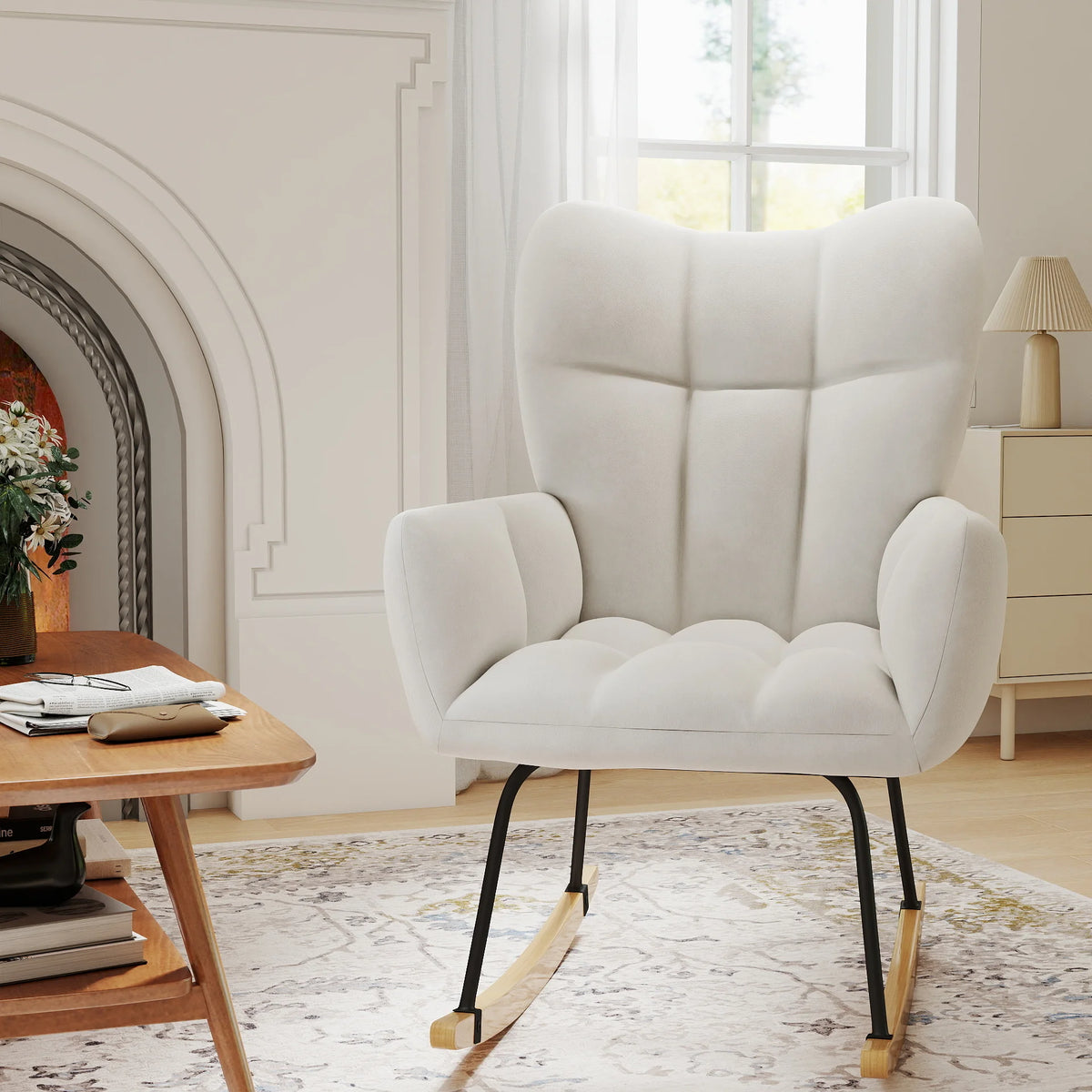 High Back Nursery Rocking Chair | Metal Frame | Sherpa Cover | Anti-Tip | 10-Min Assembly | 4 Colours