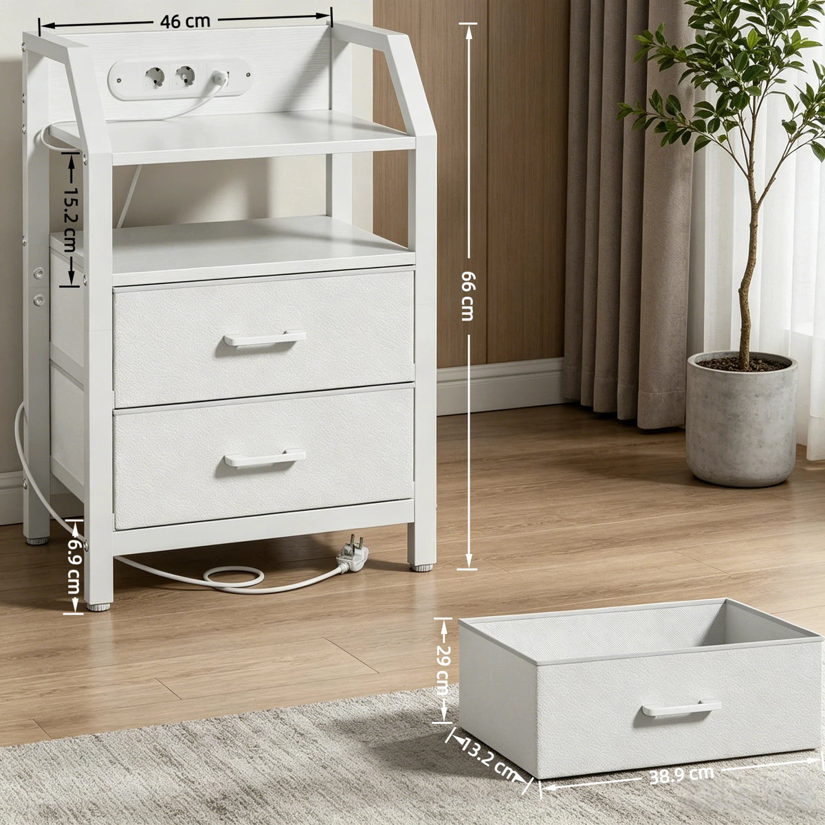 3-Tier Bedside Table with Charging Station, LED Light & Drawers – White, Black, Brown or Grey