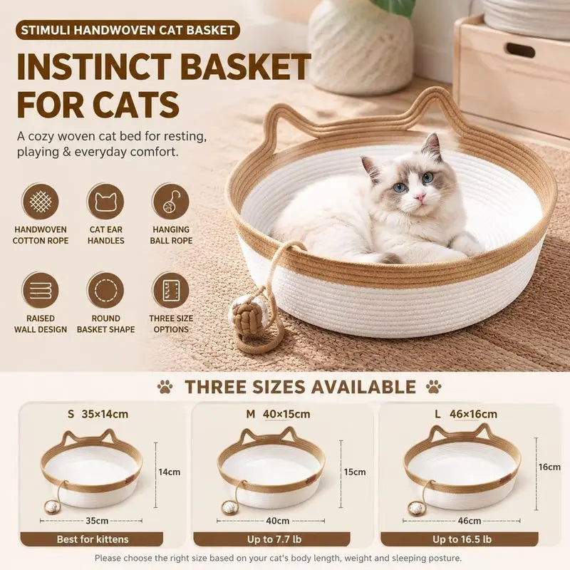 Handwoven Cotton Rope Cat Basket | Cat Ear Handles | Ball Toy Included | 3 Sizes