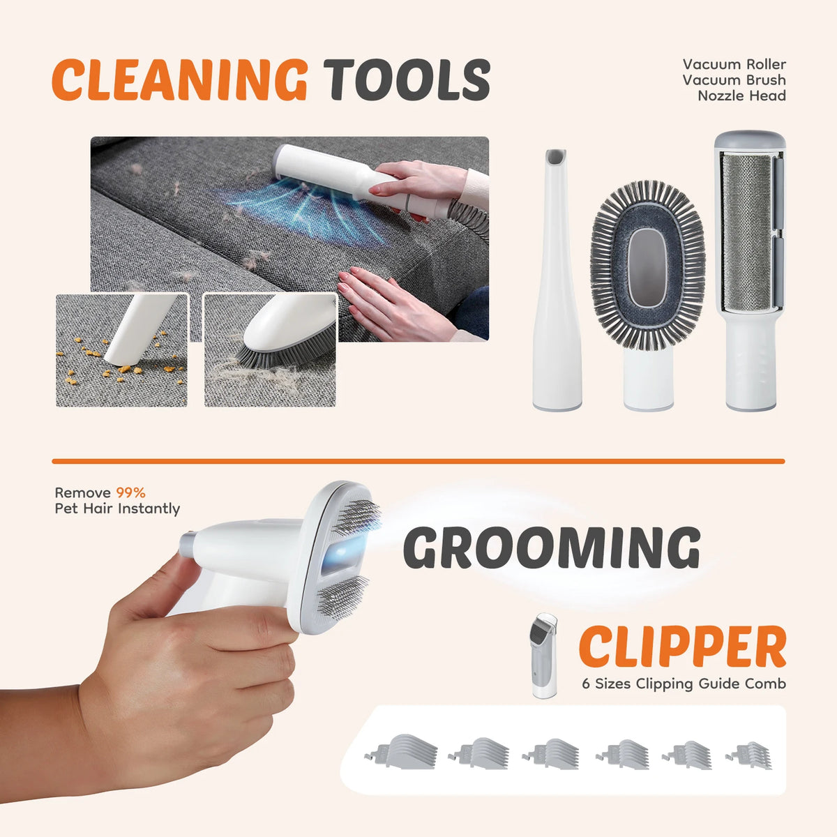 Pet Grooming Vacuum Kit | 2.5L | 3 Suction Modes | 5 Tools | Cordless Low-Noise Clipper | 3 Colours