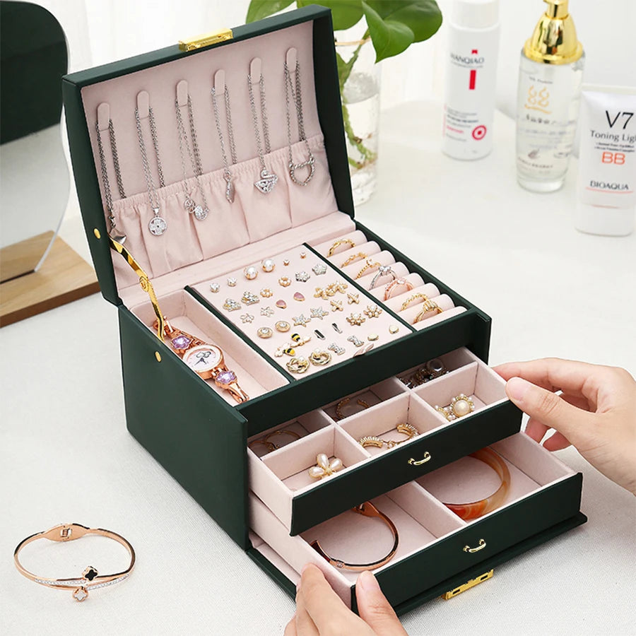 Three-Layer Locking Jewellery Box with Arch Lid – Faux Leather, Velvet Interior, 4 Colours