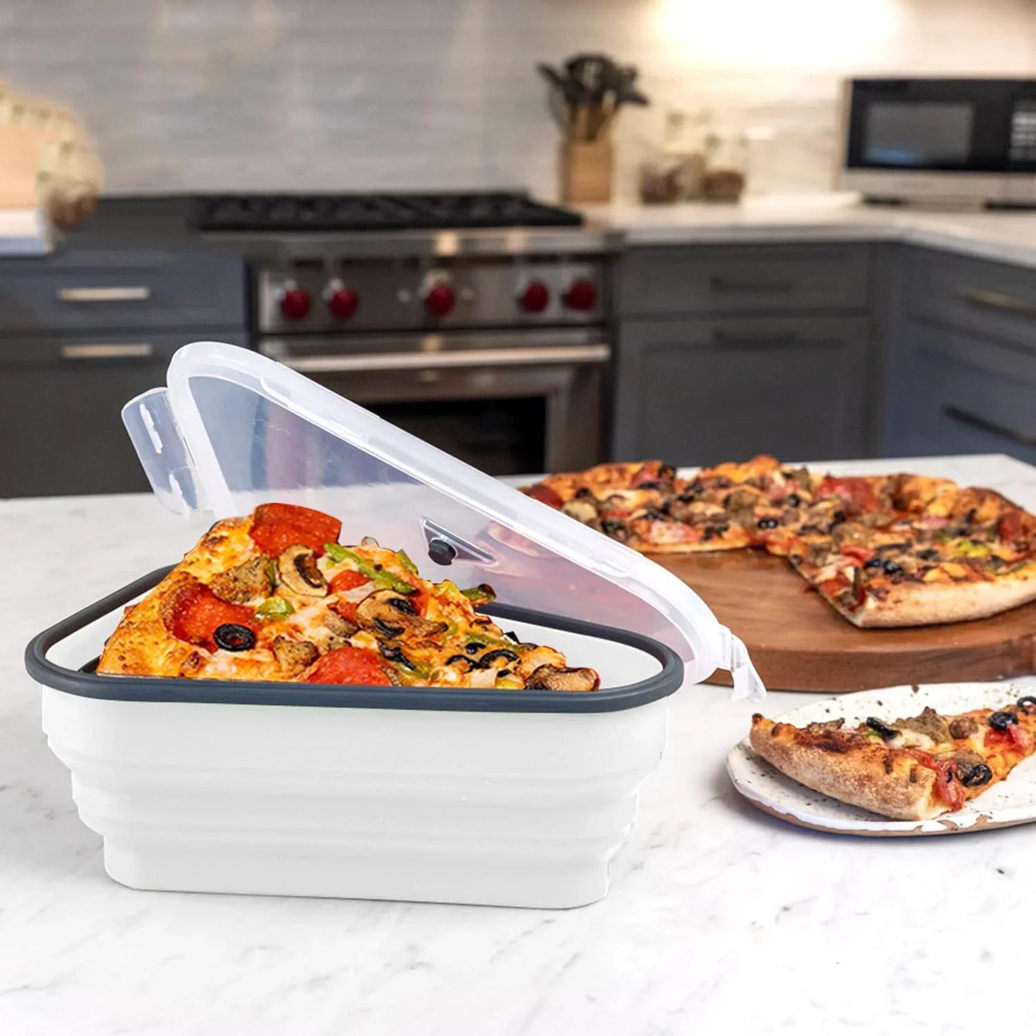 Collapsible Silicone Pizza Storage Container with 5 Microwavable Serving Trays – Airtight, Space-Saving, White