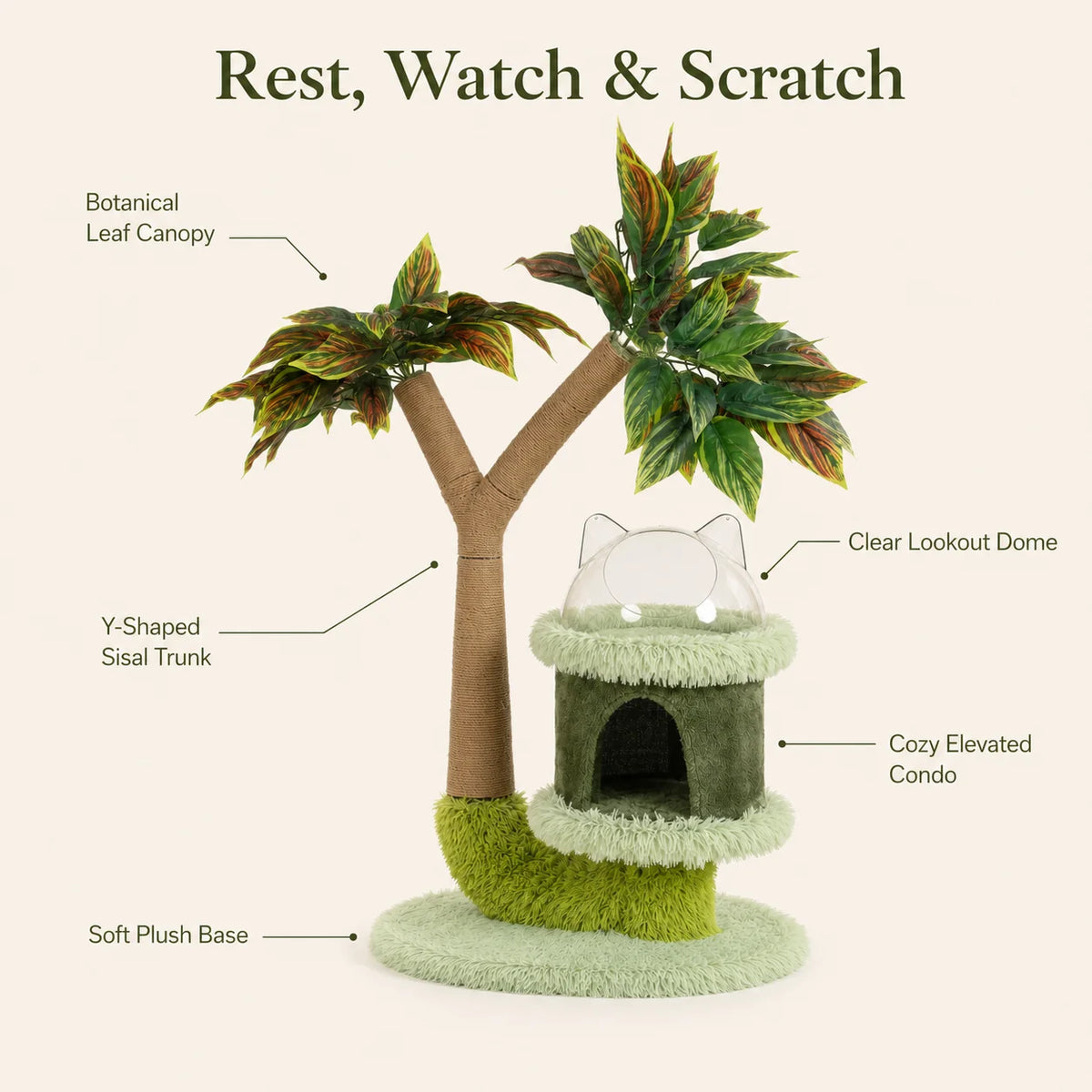 Mango Tree Cat Tree | Double-Tier | Natural Sisal Scratching Post | Jump Platform & Top Perch | Green