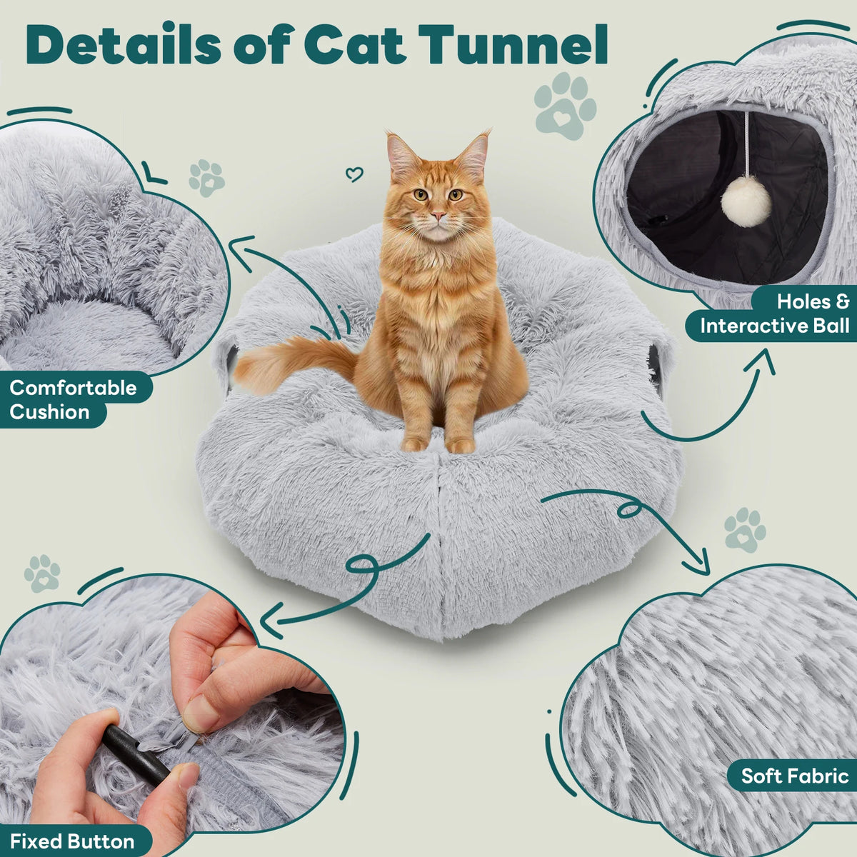 Doughnut Cat Tunnel Bed | 3-in-1 Tunnel, Nest & Platform | Short Plush | Washable | Gray