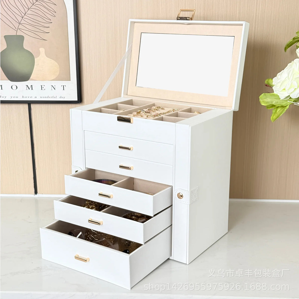 Multi-Layer Faux Leather Jewellery Box with Mirror – 2, 3 or 6 Layers, 4 Colours