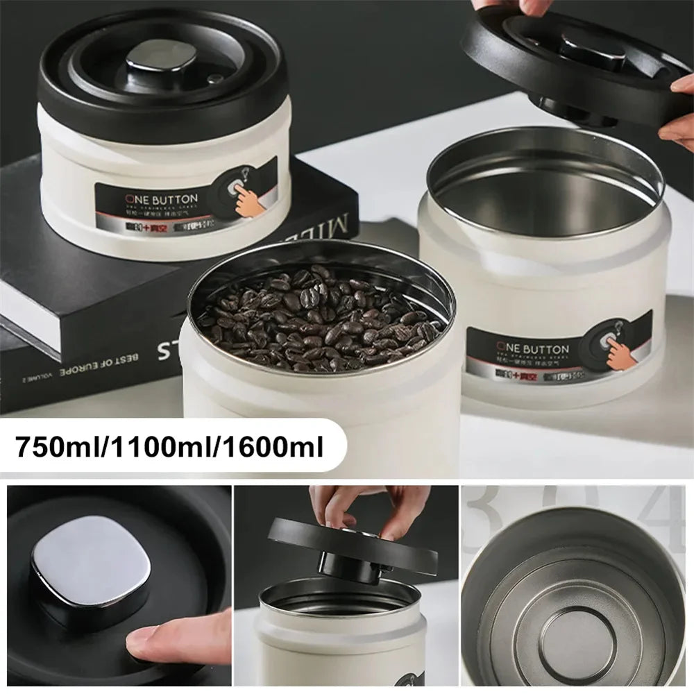 Stainless Steel Vacuum Airtight Coffee Canister – 750ml, 1100ml, 1600ml