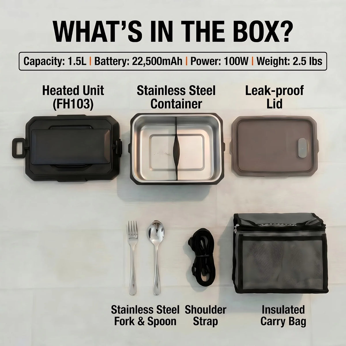 Electric Heating Lunch Box 1500ml | USB Rechargeable | Display Screen & Timer | Stainless Steel