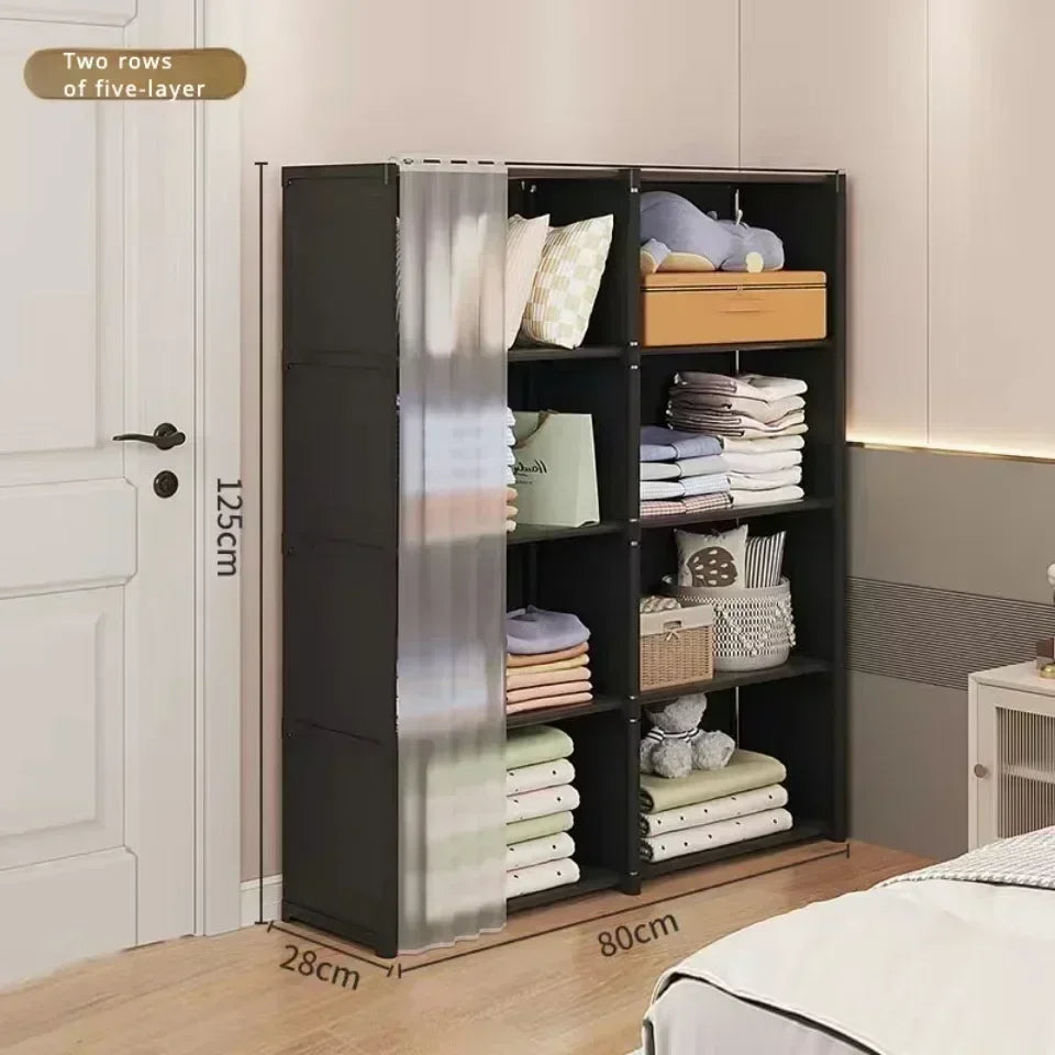 Dustproof Wardrobe Storage Rack with Curtain – 5 or 6 Layer, Single or Double Width