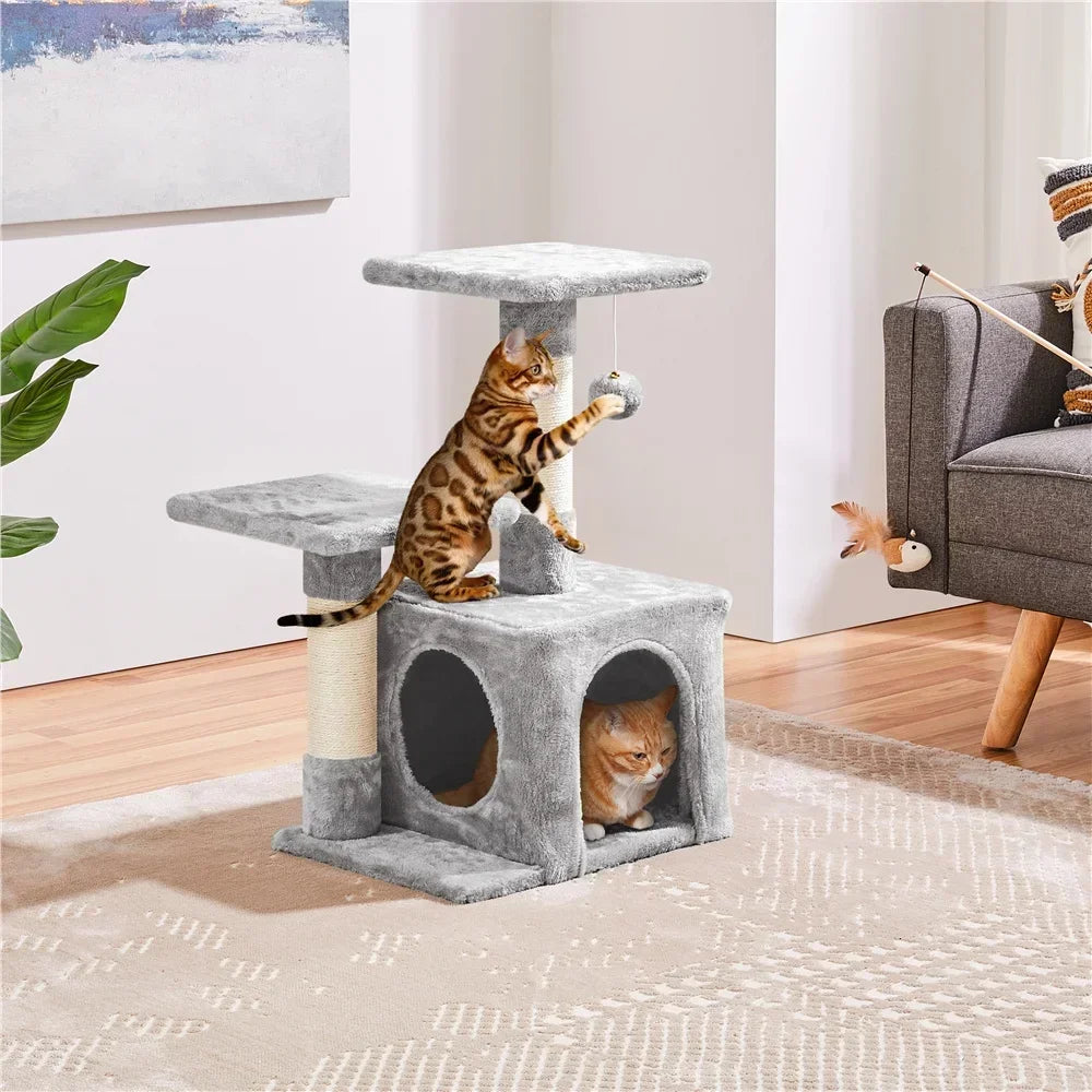 Cat Tree 69cm – 3-Tier with Condo, Platforms, Scratching Posts & Dangling Ball