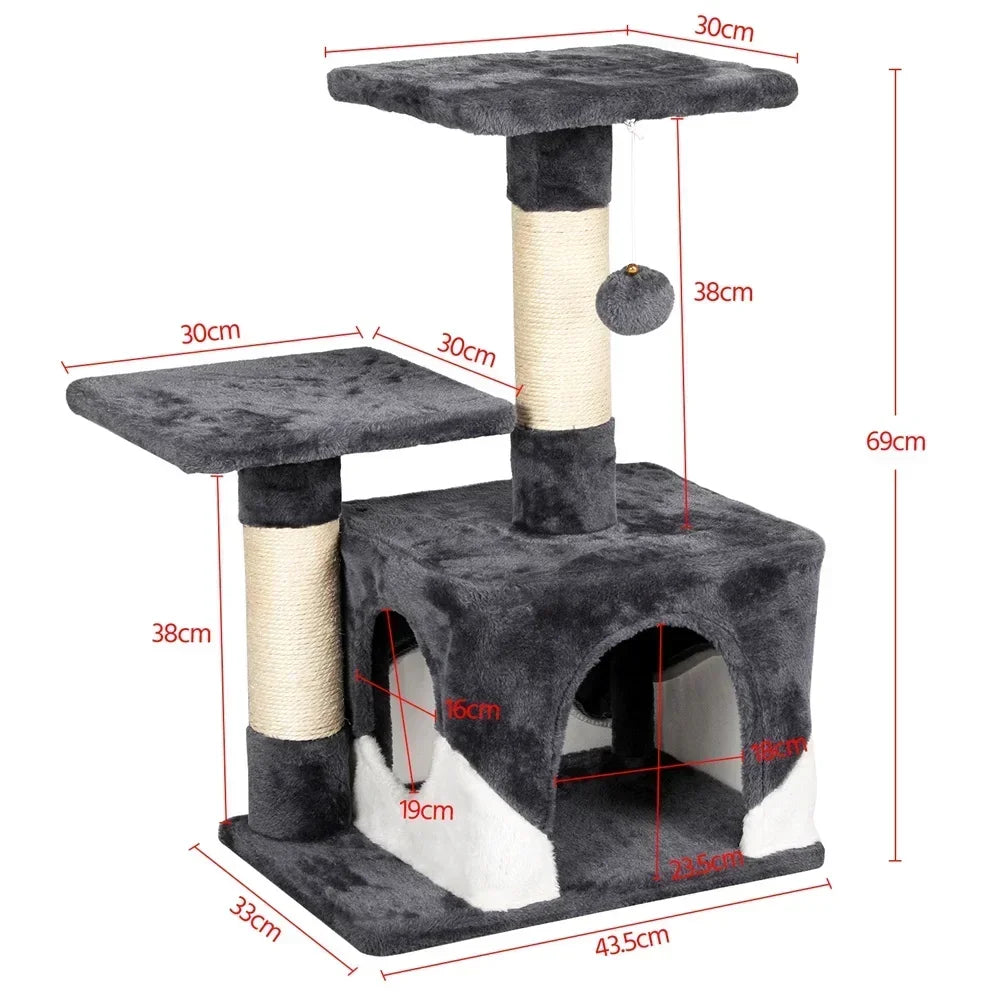Cat Tree 69cm – 3-Tier with Condo, Platforms, Scratching Posts & Dangling Ball
