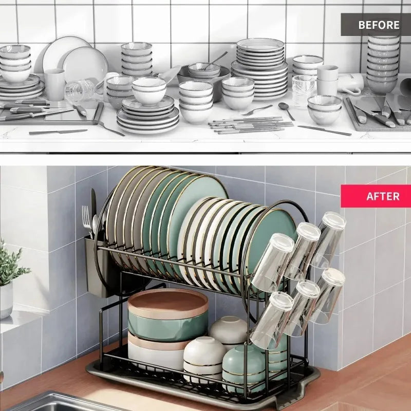 2-Tier Dish Drying Rack with Drain Board – Large Capacity Kitchen Countertop Drainer
