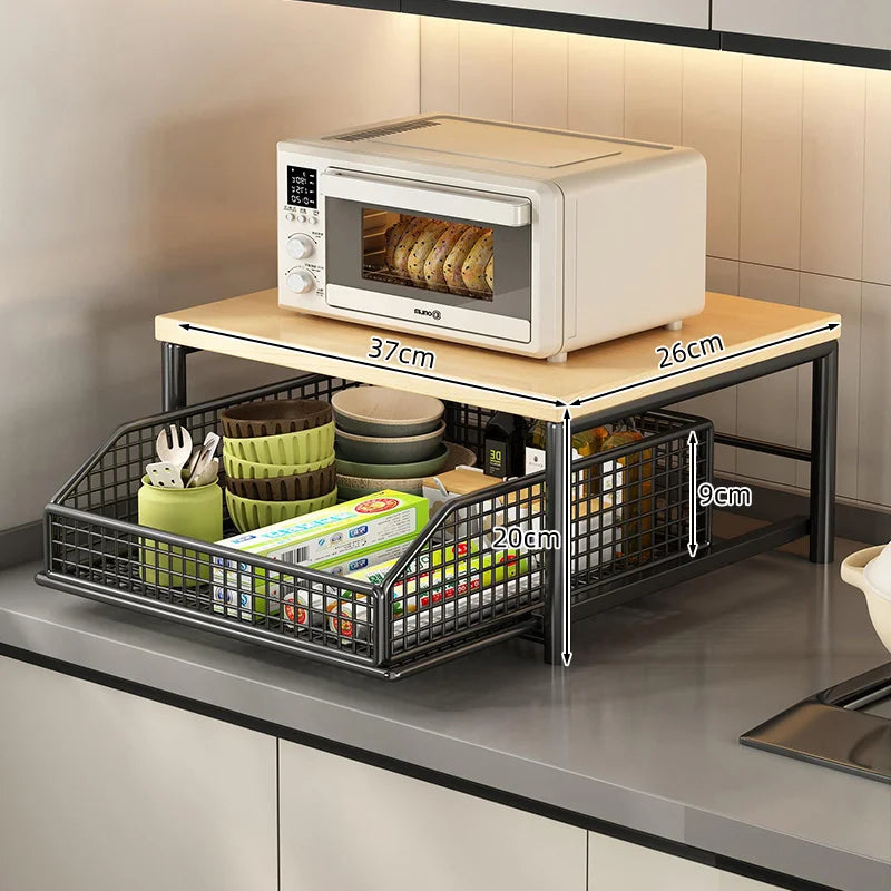 2-Tier Kitchen Countertop Storage Shelf – Wood & Metal Standing Organiser with Drawer & Basket
