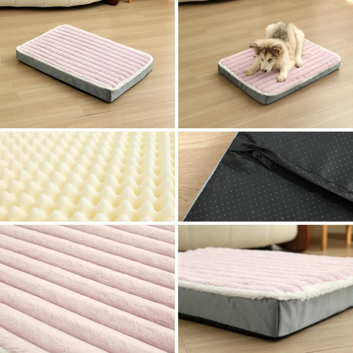 Memory Foam Dog Bed Mat | Washable Zipper Cover | Damp-Proof | Pink & Khaki
