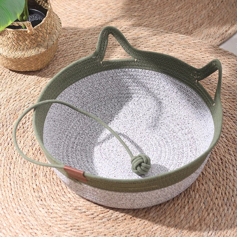 Handwoven Cotton Rope Cat Basket | Cat Ear Handles | Ball Toy Included | 3 Sizes