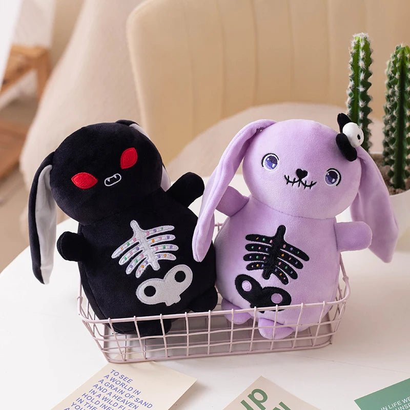 Skeleton Bunny Plush | Spooky Kawaii Lop Rabbit | Embroidered Ribcage & Pelvis | Black (Red Eyes) & Purple (Blue Eyes + Skull Bow) | 22cm & 30cm