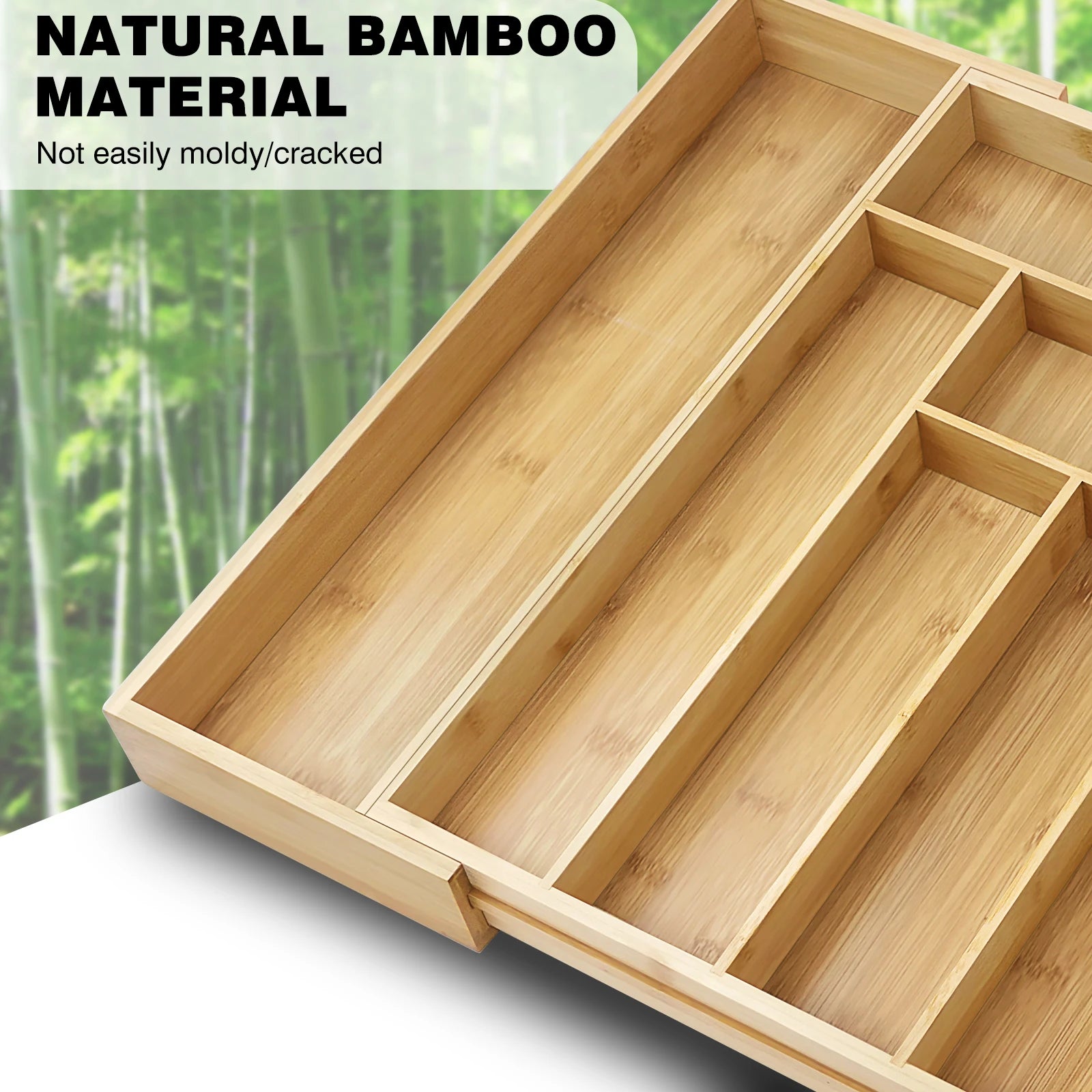 Expandable Bamboo Cutlery Tray – 6–8 Compartment Kitchen Drawer Organiser, 32–52cm