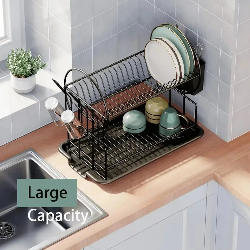 2-Tier Dish Drying Rack with Drain Board – Large Capacity Kitchen Countertop Drainer