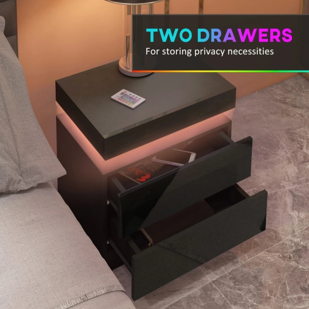 LED Lighted Nightstand with 2 Drawers – Black High Gloss Bedside Table