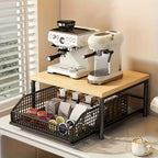 2-Tier Kitchen Countertop Storage Shelf – Wood & Metal Standing Organiser with Drawer & Basket