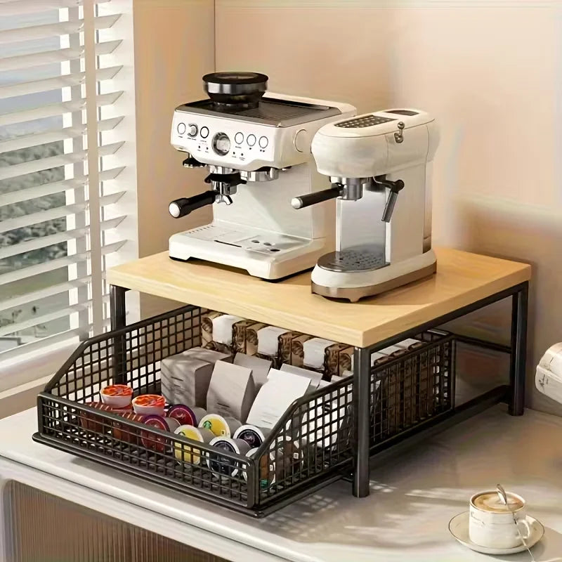 2-Tier Kitchen Countertop Storage Shelf – Wood & Metal Standing Organiser with Drawer & Basket