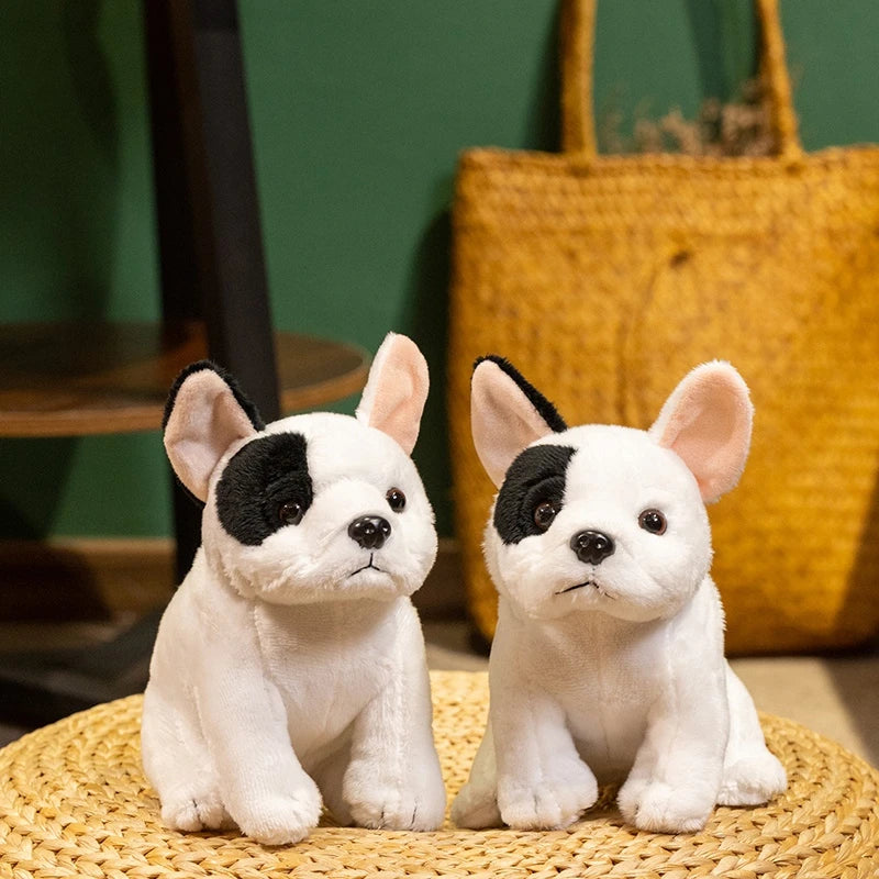 Lifelike French Bulldog Plush Stuffed Toy | White & Black Pied | Upright Bat Ears | Seated Pose | 20cm