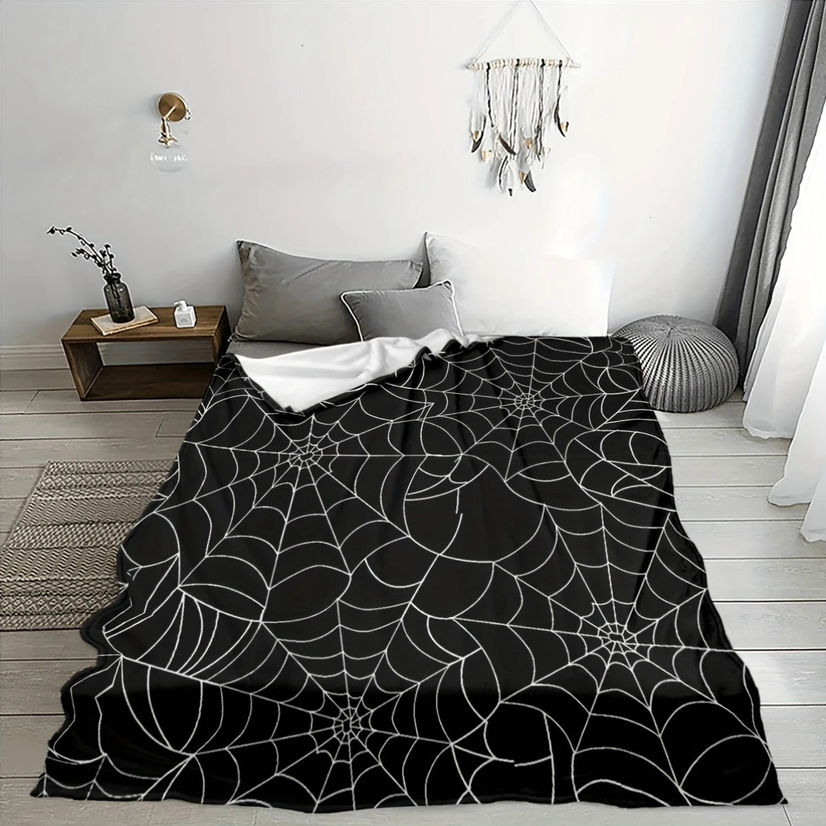 Black & White Spiderweb Fleece Throw Blanket for Halloween Decor