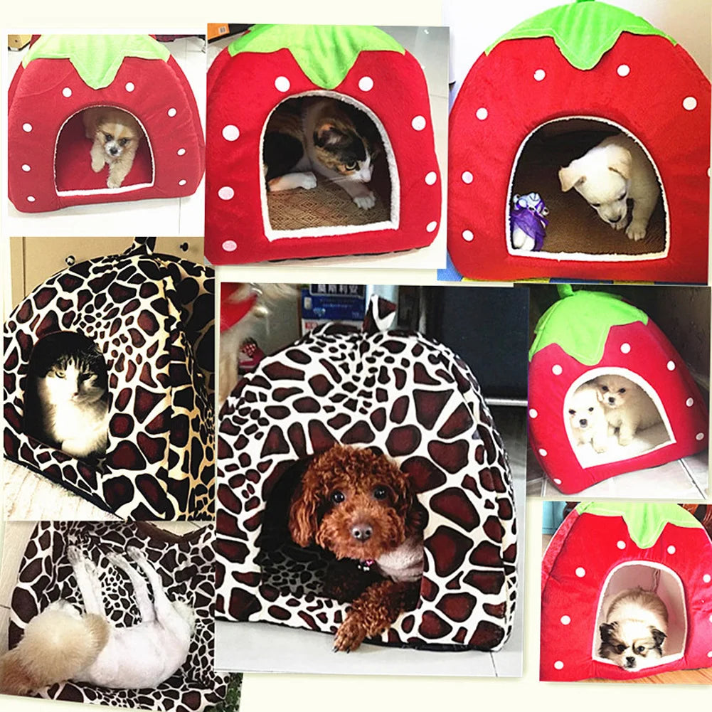 Strawberry Pet Cave Bed – Soft Fleece House for Cats & Small Dogs, S–XL