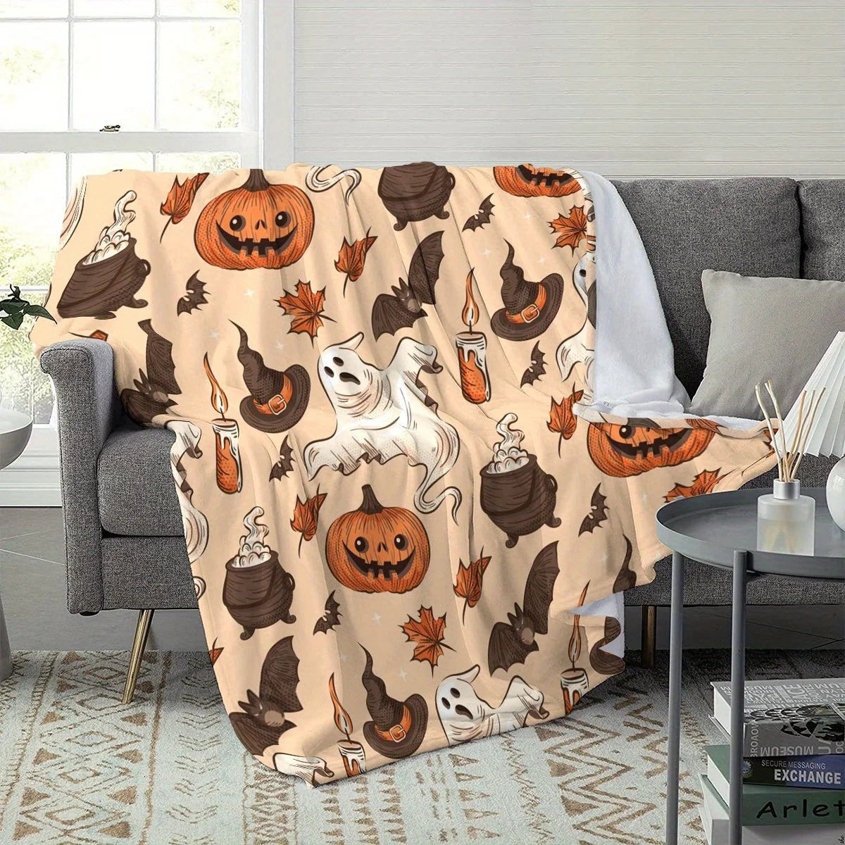 Spooky Pumpkin & Ghosts Plaid Throw Blanket for Halloween Decor
