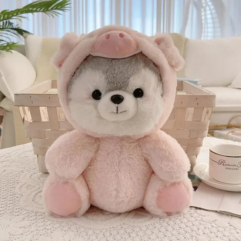 Kawaii Husky in Pig Costume Plush Stuffed Toy | Pink | PP Cotton | 20cm