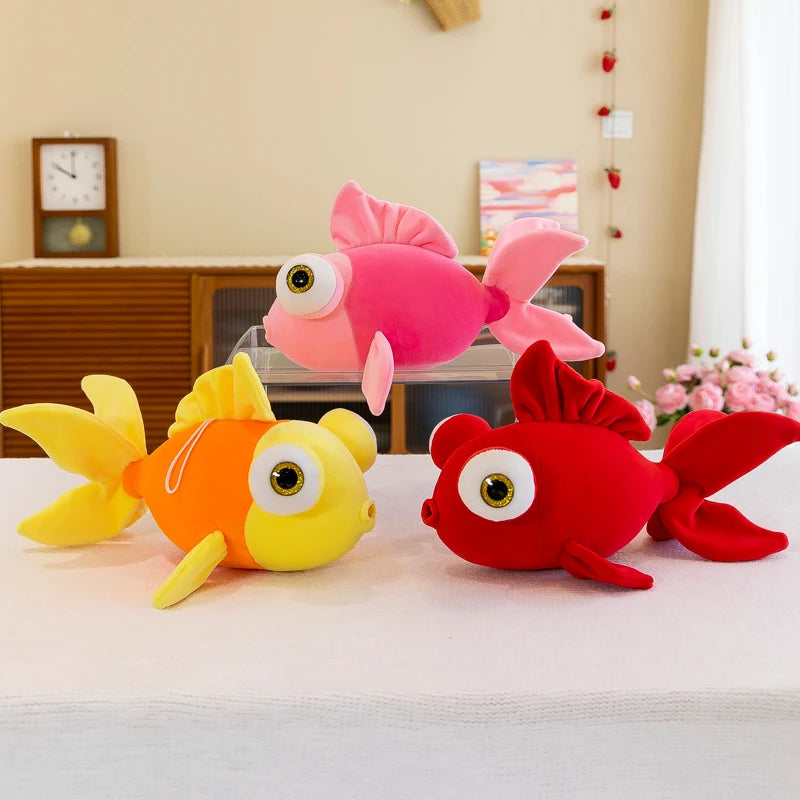 Kawaii Chubby Goldfish Plush Pillow | Giant 3D Protruding Gold Eye | Solid Colour Velvet Body | Yellow, Red & Pink | 35cm, 70cm & 100cm