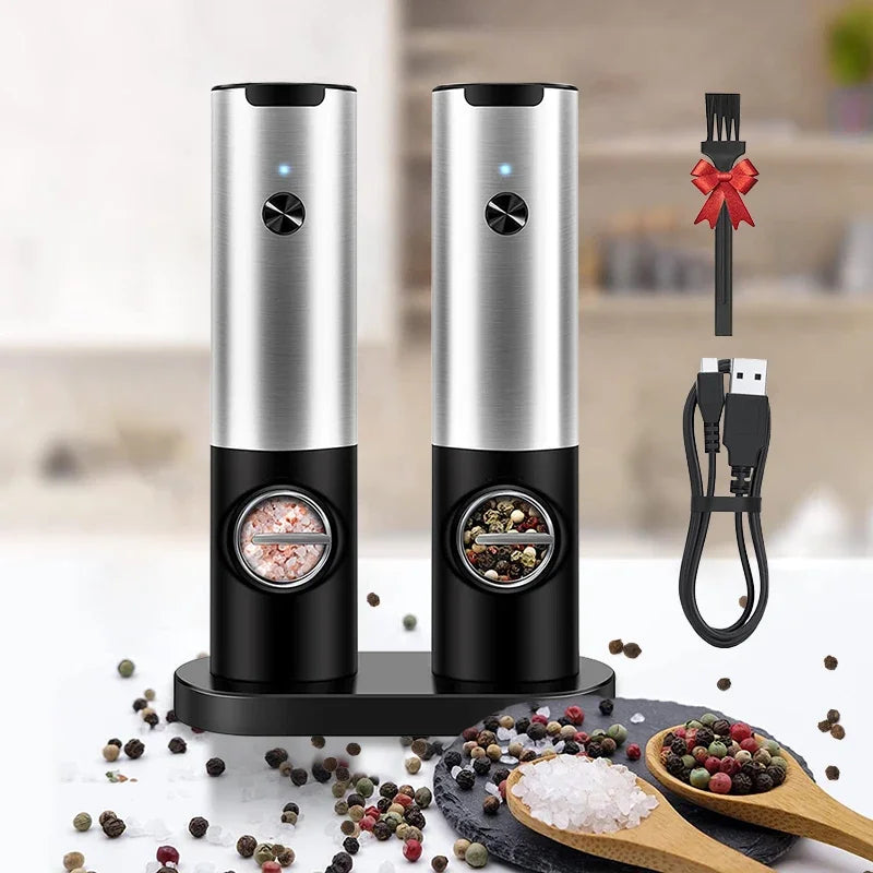 Electric Salt & Pepper Grinder Set – USB Rechargeable, LED Light, Adjustable Coarseness