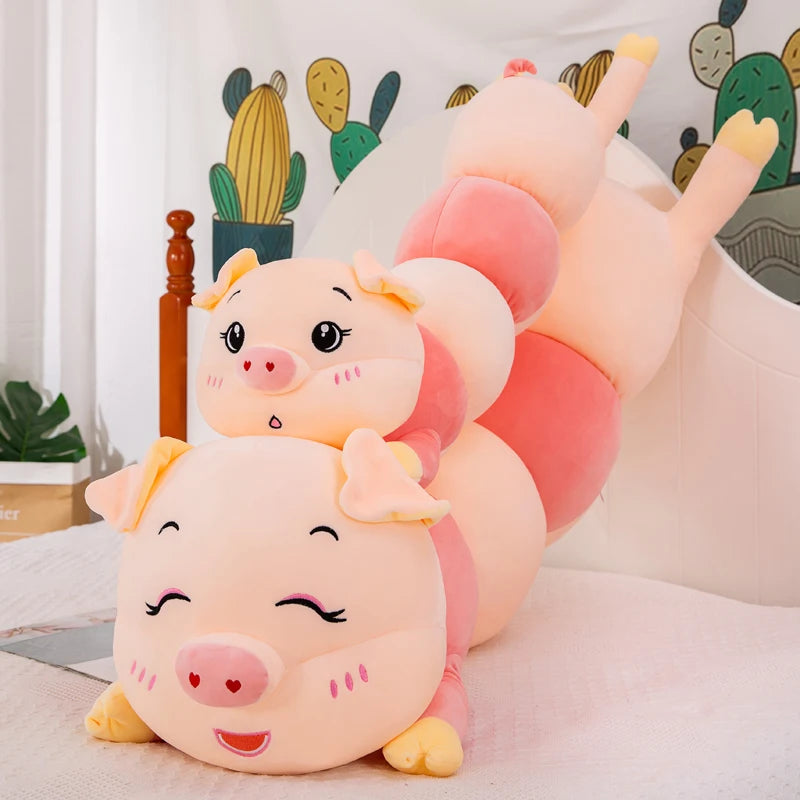 Kawaii Caterpillar Pig Body Pillow Plush | Segmented Pink Body | Heart Nose | 2 Expression Styles | 3 Sizes: 80, 100 & 130cm