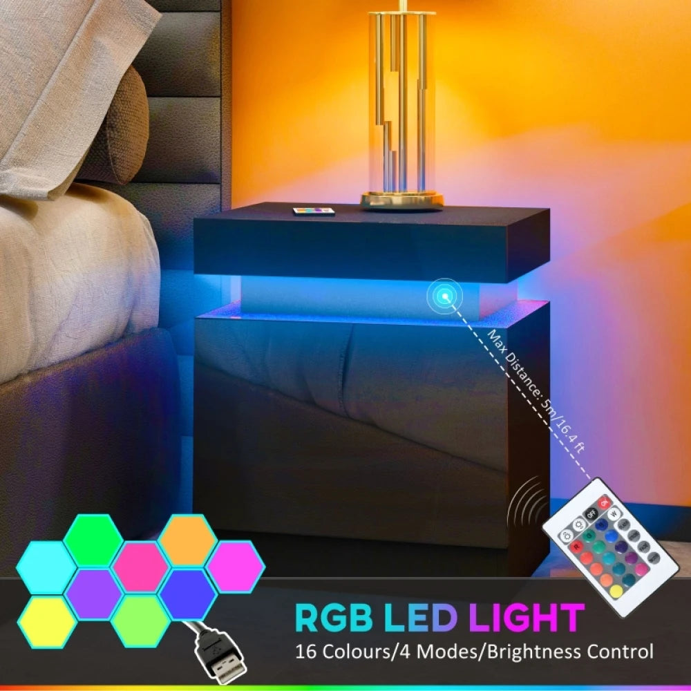LED Lighted Nightstand with 2 Drawers – Black High Gloss Bedside Table