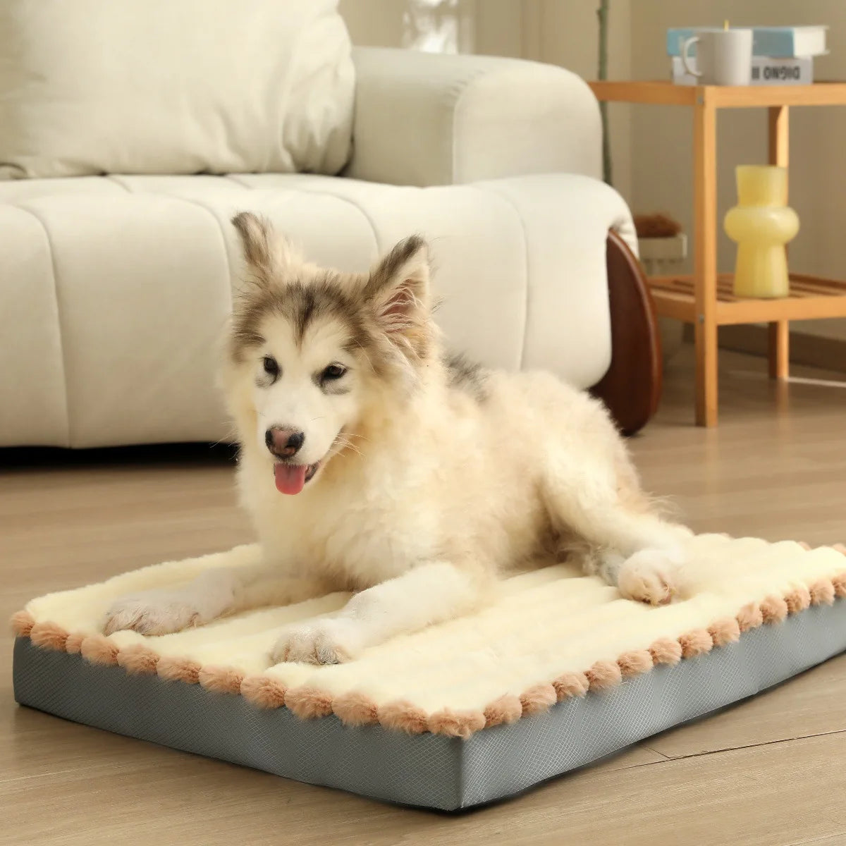 Memory Foam Dog Bed Mat | Washable Zipper Cover | Damp-Proof | Pink & Khaki