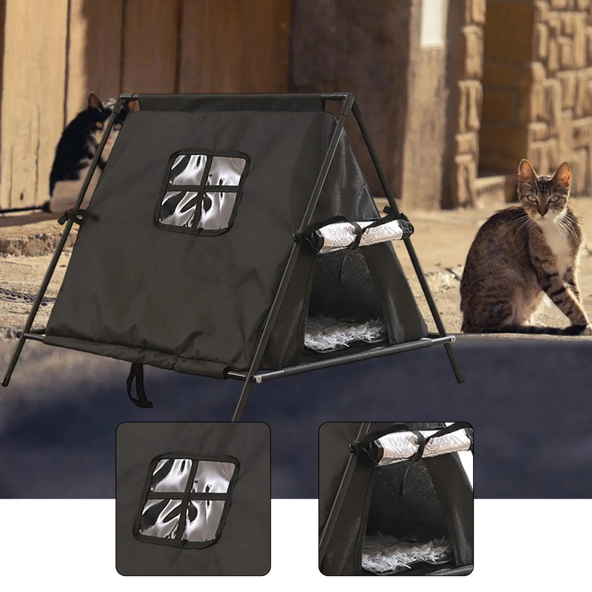 A-Frame Cat Tent House with Door Curtain
