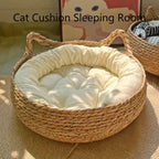 Handwoven Wicker Cat Basket with Cotton Cushion | All-Season | Washable | 3 Sizes