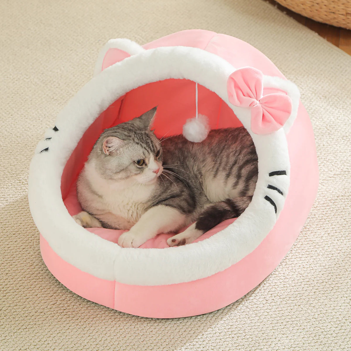Animal Ear Cave Cat Bed | Plush | High-Resilience Core | Detachable Washable Cushion | Pompom Toy | 3 Sizes