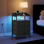 Bedside Table with LED Lights, Charging Station & 3 Fabric Drawers – Black, White or Rustic Brown