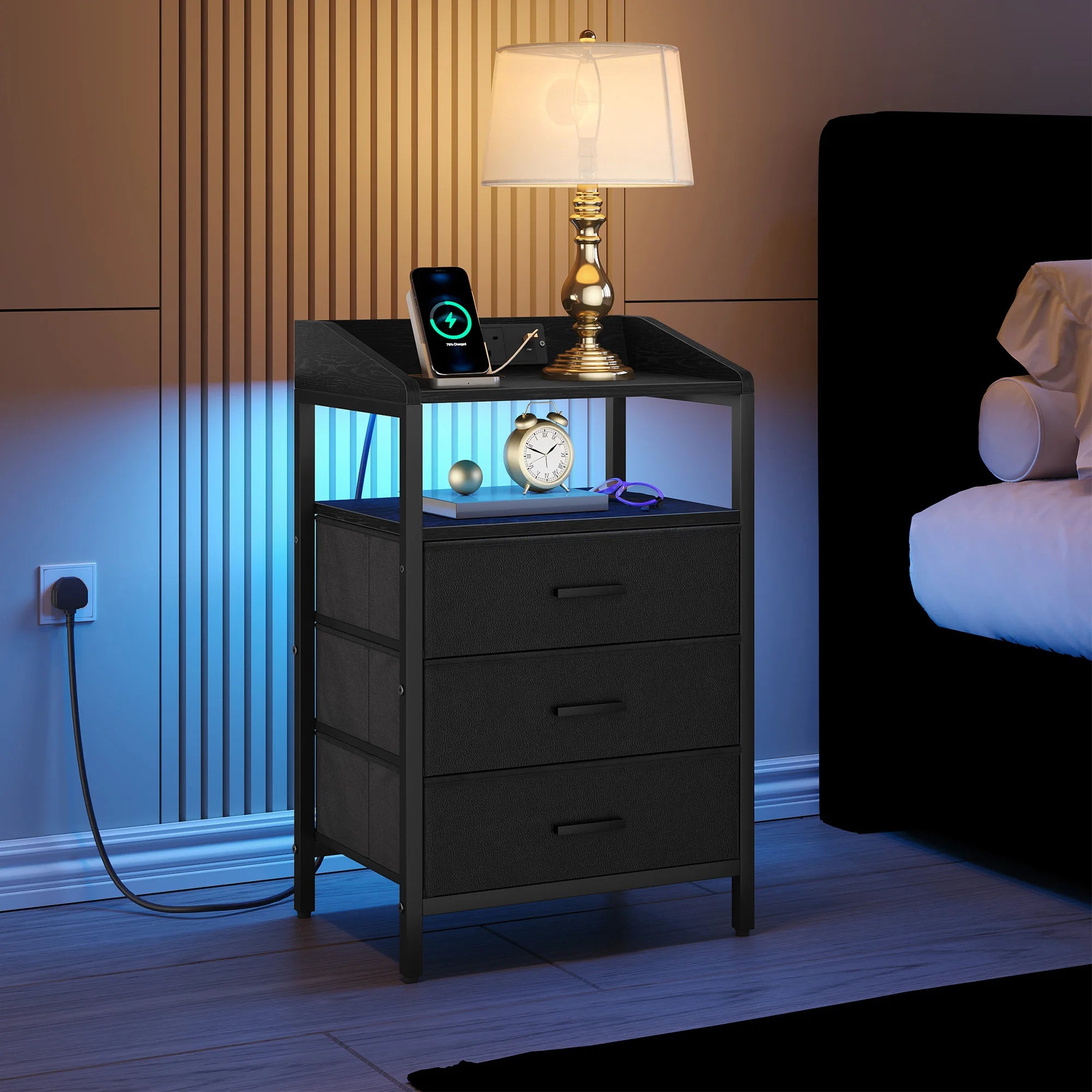 Bedside Table with LED Lights, Charging Station & 3 Fabric Drawers – Black, White or Rustic Brown