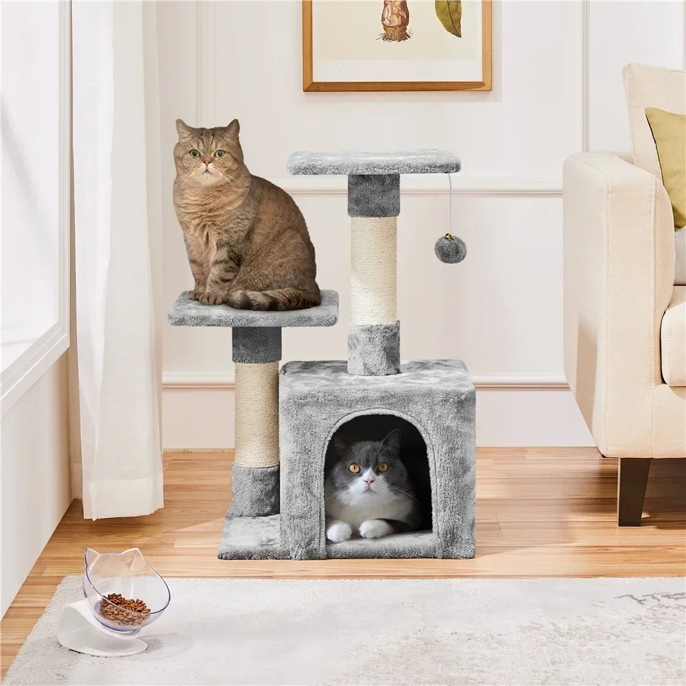 Cat Tree 69cm – 3-Tier with Condo, Platforms, Scratching Posts & Dangling Ball