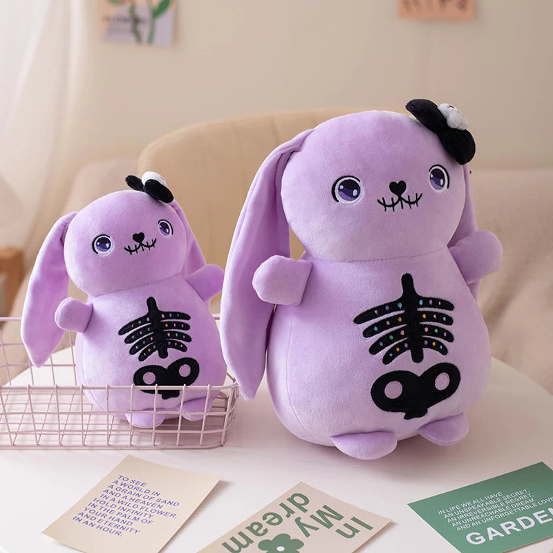 Skeleton Bunny Plush | Spooky Kawaii Lop Rabbit | Embroidered Ribcage & Pelvis | Black (Red Eyes) & Purple (Blue Eyes + Skull Bow) | 22cm & 30cm