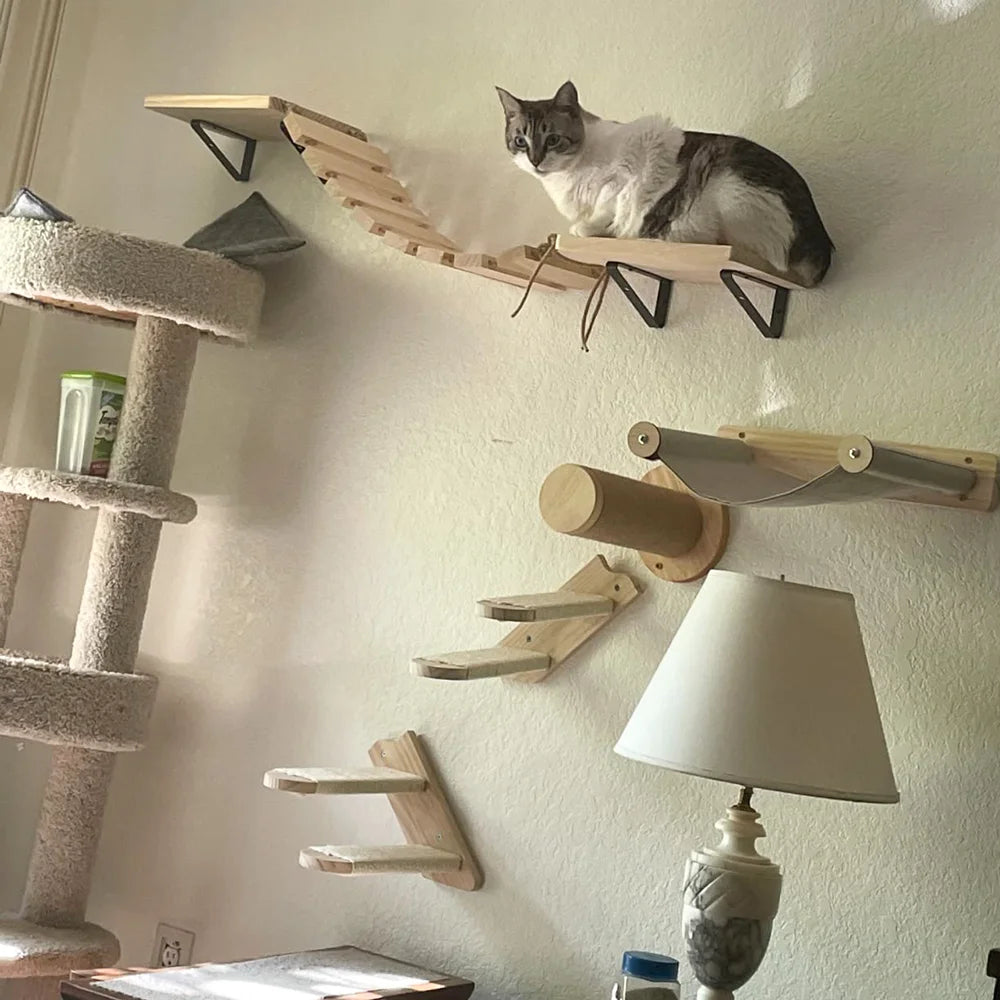 Wall-Mounted Wooden Cat Climbing Shelves – Modular Platforms, Scratching Posts & Hammock