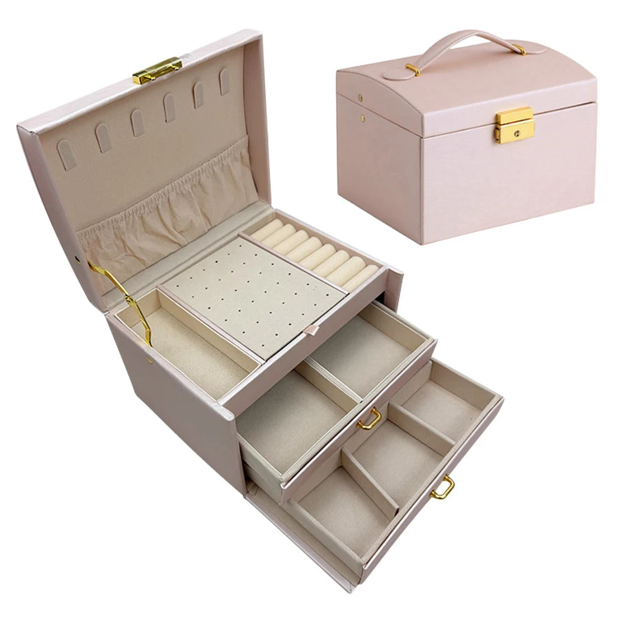 Three-Layer Locking Jewellery Box with Arch Lid – Faux Leather, Velvet Interior, 4 Colours