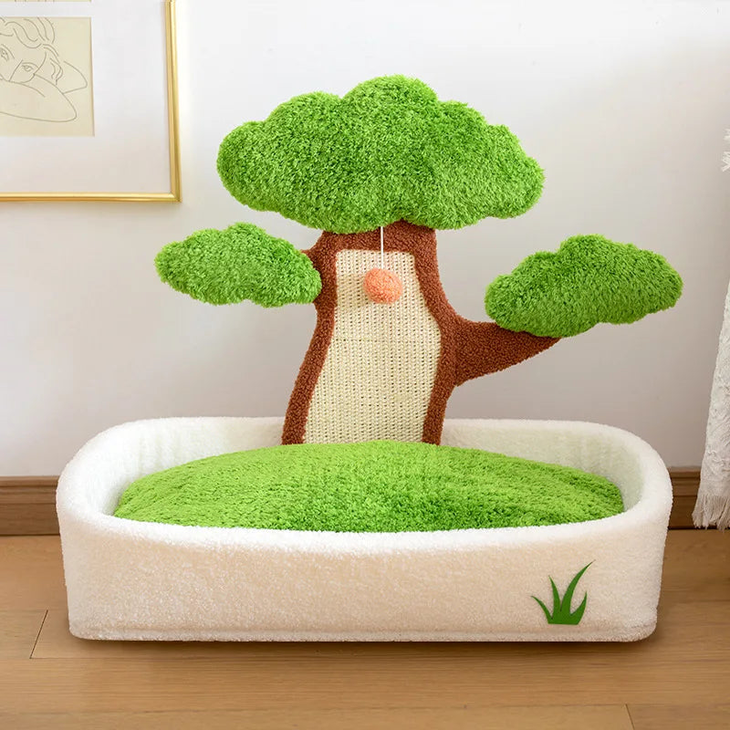 Pine Tree Cat Bed & Scratch Board | 2-in-1 | Removable Washable Cushion | Green & Light Green
