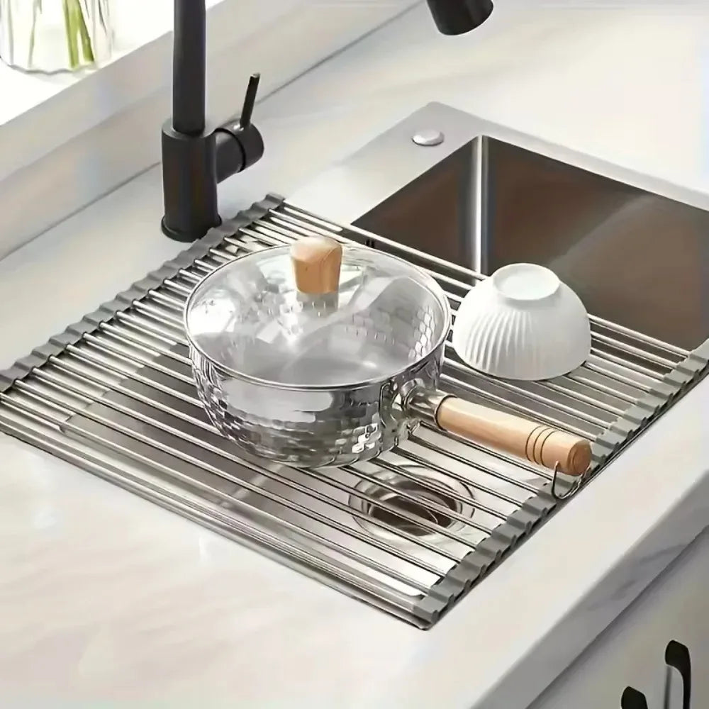 Roll-Up Stainless Steel Sink Drying Rack – Foldable Dish & Vegetable Drainer, 3 Sizes
