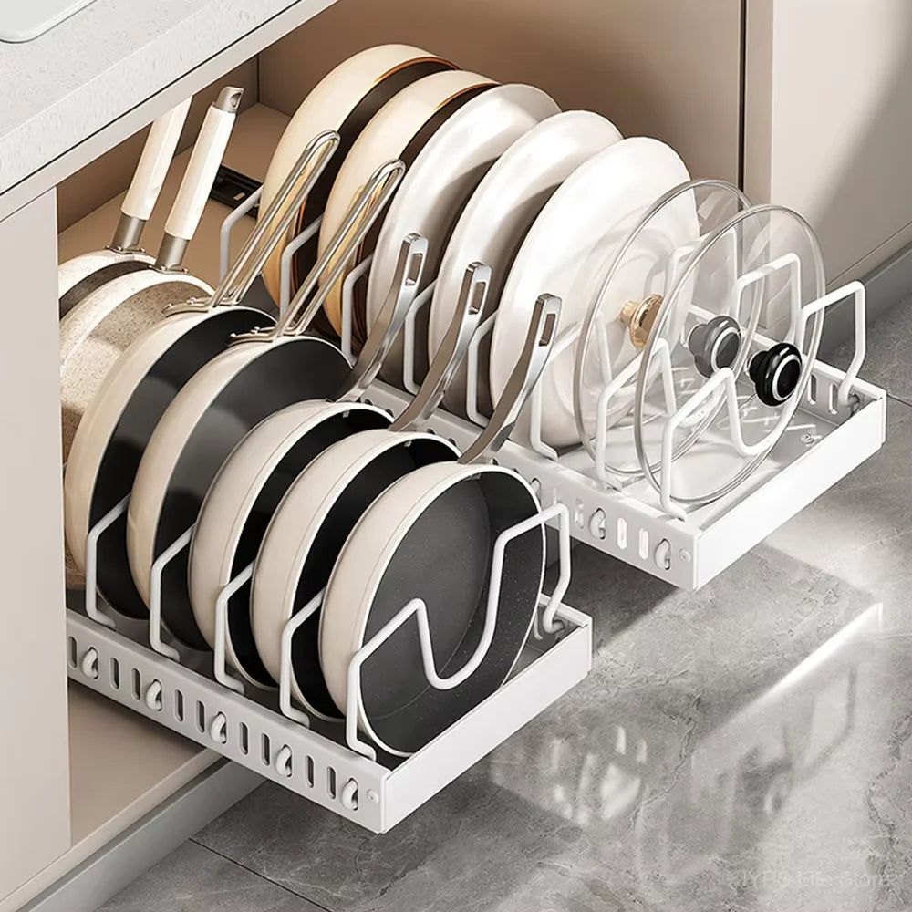 Pull-Out Pot and Pan Organiser with Sliding Rails – 8 Adjustable Compartments