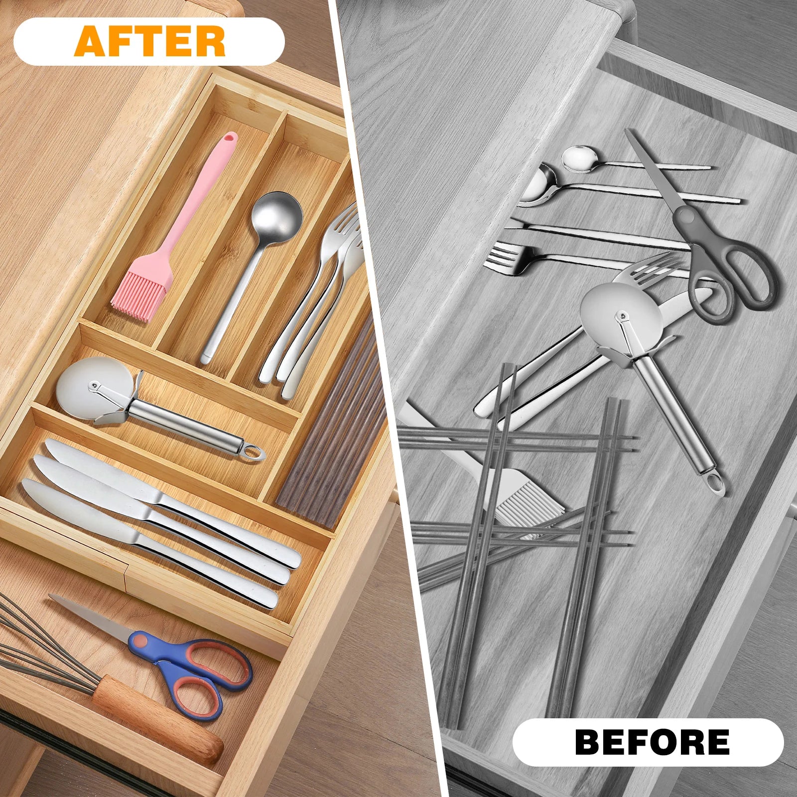 Expandable Bamboo Cutlery Tray – 6–8 Compartment Kitchen Drawer Organiser, 32–52cm
